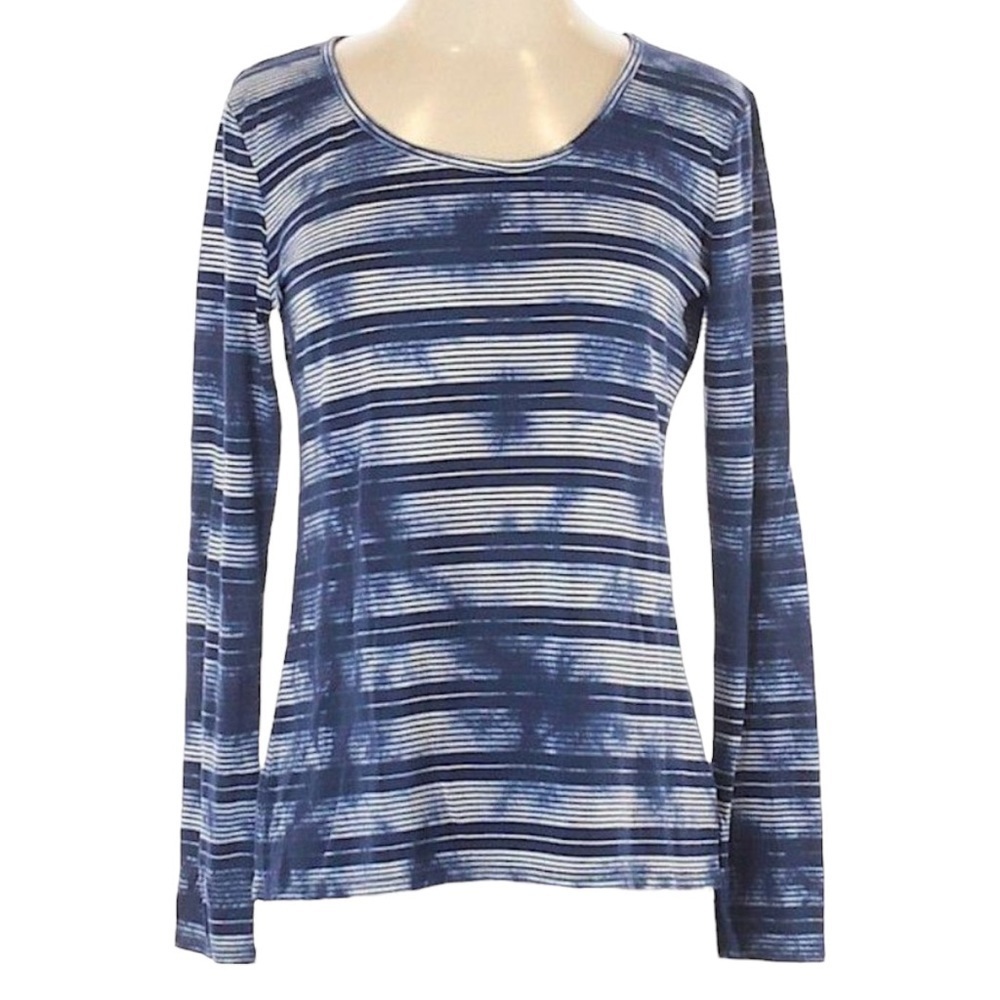 🌺 Retro-ology Blue Tie Dye Stripe Long Sleeve Top Women’s Size S Scoop Neck Soft